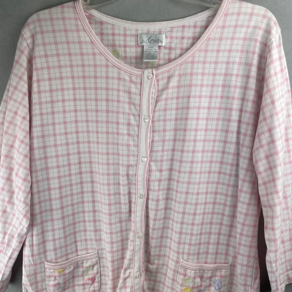 Aria Wmn L Pink White Plaid Button Sleep Shirt Top Floral Pockets Cotton Cottage